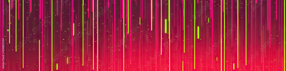 Poster bright red and pink abstract pattern with falling lime green lines
