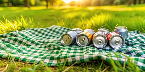 Fototapeta premium A group of empty beer cans scattered around a picnic blanket in a lush green meadow, landscape, beverage packaging, food