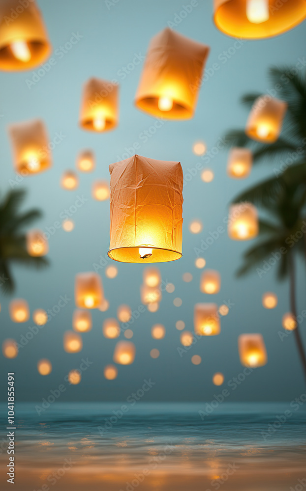 Wall mural Sky Lanterns over the Ocean at Sunset.