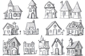 character sheet of cute buildings, storybook, charactersheet, bold outline, minimal