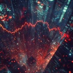 Stock market crash represented by a digital earthquake shaking skyscrapers with falling charts, market volatility, economic downturn