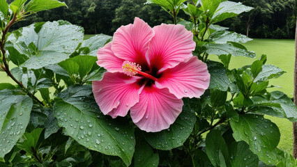 a vibrant pink hibiscus flower in full bloom. The flower's petals are delicate and soft, with a subtle gradient from a deeper pink at the base to a lighter shade towards the tips.