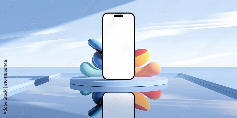 Aufkleber smartphone mockup on reflective surface with colorful accents. modern smartphone with blank screen d