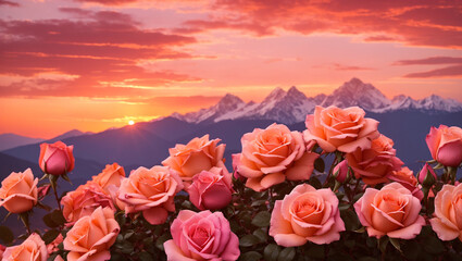 A vibrant sunset over snow-capped mountains, with many peach and pink roses in the foreground.