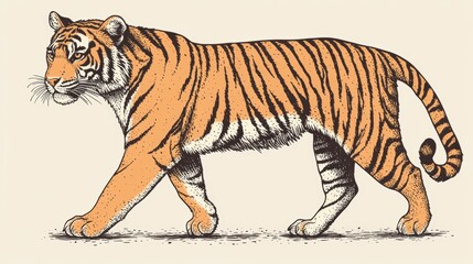 Obraz premium Walking Tiger Illustration Wild Animal Striped Fur Predator Jungle Nature Wildlife