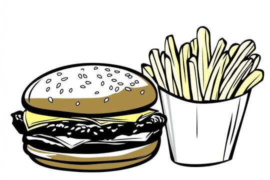 recommend clip art: clip art, line art style, fast food, burger and fries, black and white, white background, simple