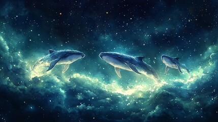 Fototapeta premium Whales Drifting in a Minimalist Watercolor Setting
