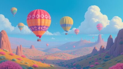 Fototapeta premium Several colorful hot air balloons ascend above a detailed landscape of rolling hills and valleys, creating a stunning view filled with vibrant hues against a backdrop of lush greenery and gentle slope