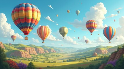 Fototapeta premium Several colorful hot air balloons ascend above a detailed landscape of rolling hills and valleys, creating a stunning view filled with vibrant hues against a backdrop of lush greenery and gentle slope