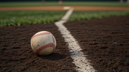 A baseball sits on the infield dirt near the first base line on a sunny baseball field.