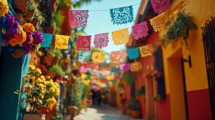 Fototapeta premium Colorful alley decorated with papel picado and flowers.