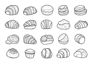 coloring book page, 20 different pastries like croissant, danish, macaroon etc, 5 in each row, iconic, simple, modern, lineart, no background
