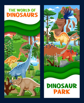 Prehistoric dinosaurs paper cut banners with vector dino animals, jurassic jungle forest and waterfall. Cartoon cute styracosaurus, corythosaurus and centrosaurus, funny argentavis and titanosauria