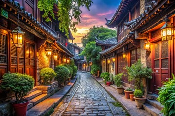 Obraz premium Empty Chinese Arches and Streets in High Dynamic Range for Urban Exploration Photography