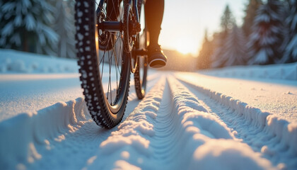Close-up of bike tires riding on a snowy trail with sunlight in a winter landscape