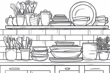 coloring page, cartoon style, Dishes 