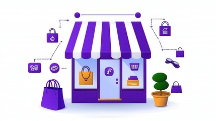 Stylized shop illustration with purple colors and security elements.