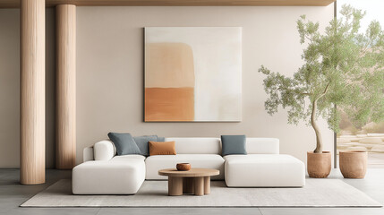 A hyper-realistic corner of a living room with a light-colored sofa in the center, featuring a bohemian style. The room has accessories in fuchsia, beige, white, blue, and a little black.