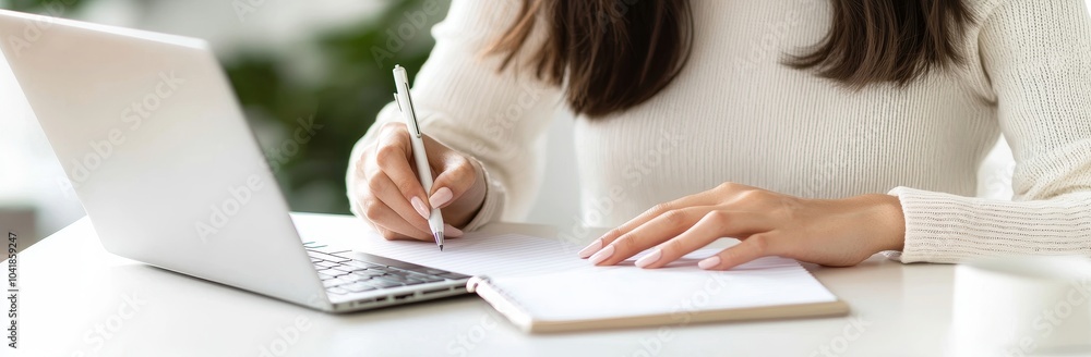 Aufkleber woman student making notes in notebook and using laptop for technology education focused on online t