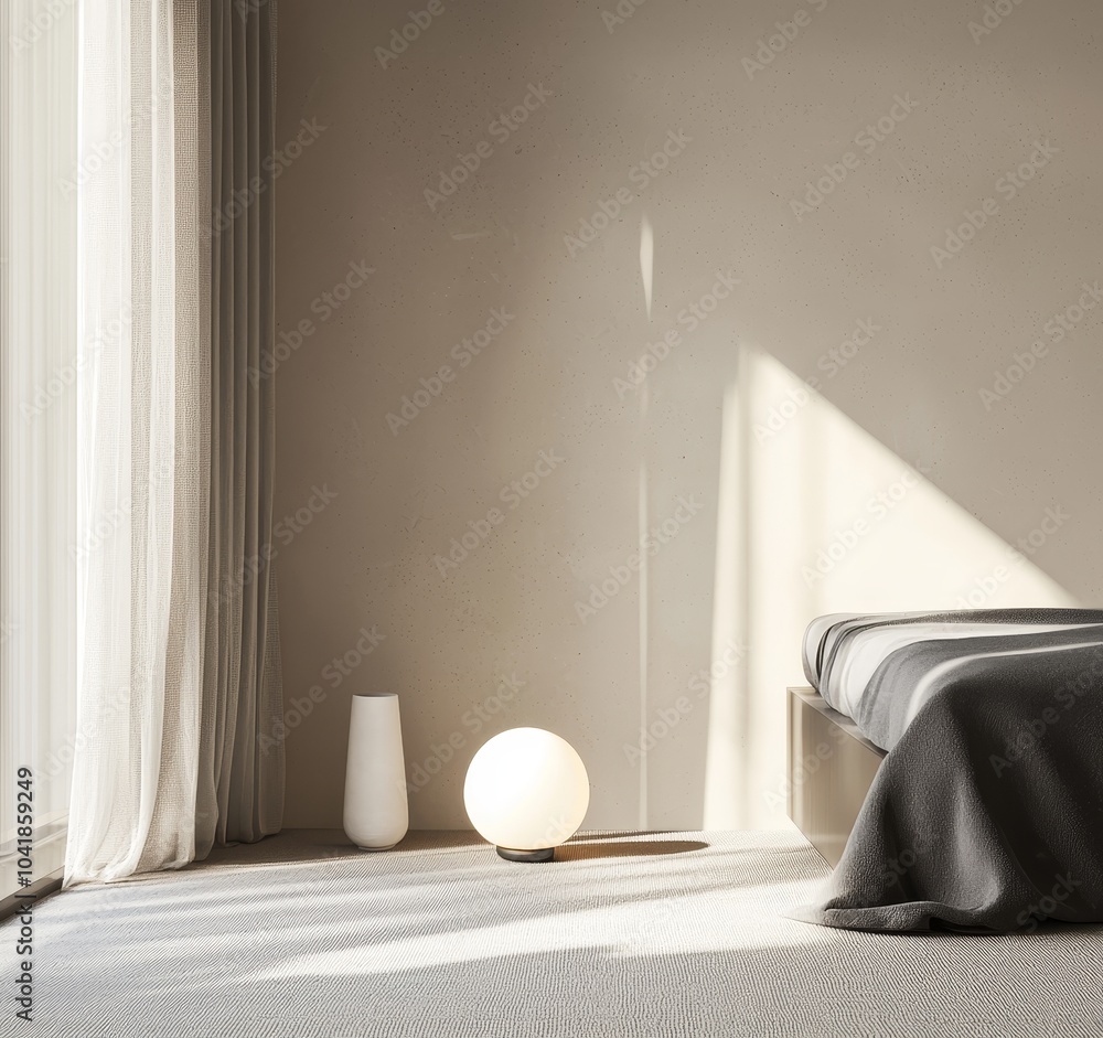 Poster 3D rendering, 3D illustration of a modern minimalistic bedroom. Three-dimensional rendering and illustration.