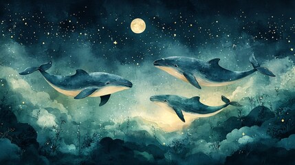 Fototapeta premium Minimalist Whales Drifting in a Cool Toned Sky