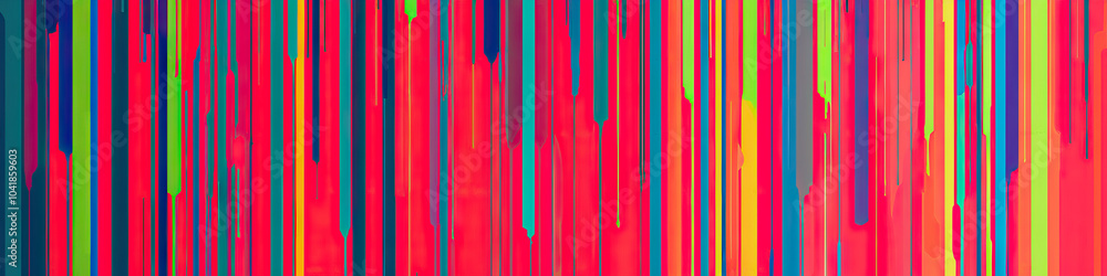 Poster bright red and blue stripe pattern with falling green and yellow lines