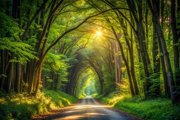Obraz premium Enchanted Forest Tunnel with Lush Greenery and Sunlight - Nature Pathway for Adventure Seekers