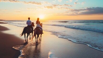 Young couple shares peaceful horse ride along misty beach shore - man and woman find sea magic through animal companionship while nature travel creates sunset memories