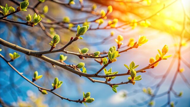 A beautiful tree branch with leaves and buds stretching towards the sky after a warm winter, budding trees, botanical details