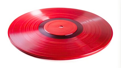 Red vinyl record isolated on white background low angle view