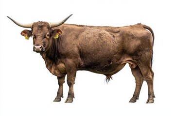 A strong, dark brown bull with long horns looking at the camera on a clear png background, created using generative AI for Animals Fighter concept.