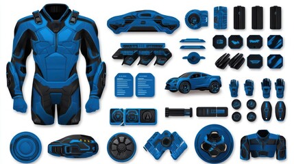 Futuristic blue suit and gear, isolated on a white background.