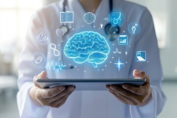 Medical professional holding digital brain hologram
