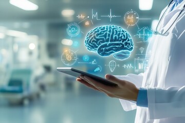 Digital health module tablet brain hologram concept
