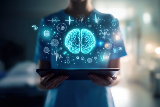 Medical professional with digital brain hologram image