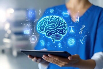 Nurse using tablet for brain study in hospital.