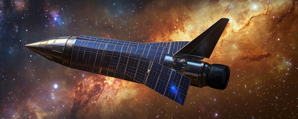 Advanced Solar-Powered Spacecraft Orbiting a Distant Galaxy with Solar Panels and Futuristic Design