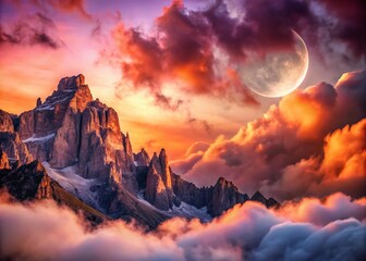 Enchanting Crescent Moon Over Majestic Mountains and Dreamy Pink Clouds - Architectural Photography