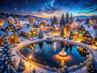Obraz premium Enchanting Christmas Village in Winter Wonderland Scene with Magical Lights and Snowy Landscape