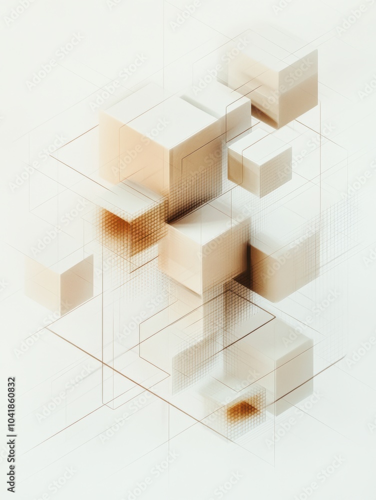 Aufkleber Cubes of different sizes and shades connect with diagonal lines on a light background, presenting a contemporary abstract design. Generative AI