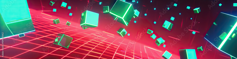 Poster vivid red and blue abstract grid pattern with falling green squares