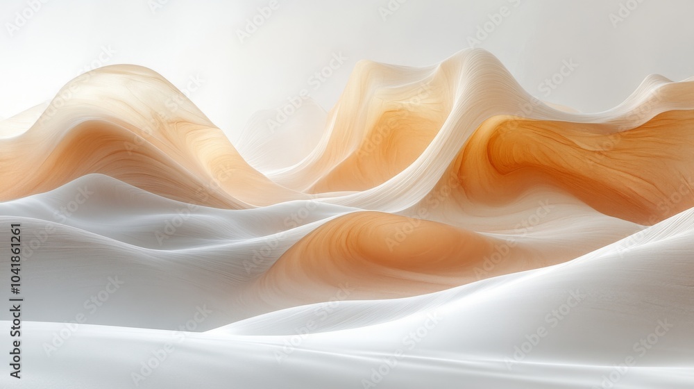 Poster Flowing curves of beige and white fabric resemble tranquil waves, illuminated softly, creating a calming and minimalist atmosphere.