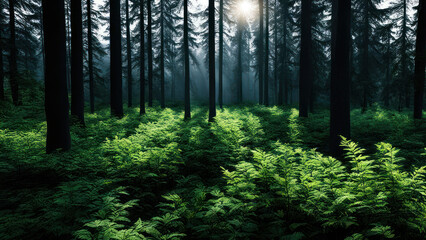 Fototapeta premium a lush green forest bathed in the soft light of the morning sun. Tall trees with thick foliage create a dense canopy overhead, casting dappled shadows on the forest floor.