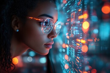 Woman immersed in digital data with futuristic glasses