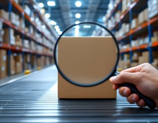 Logistics technologies. Parcel under magnifying glass. Boxes on conveyor. Hand with loupe analyzes logistics process. Delivery control. Study logistics technologies. Fulfillment distribution center