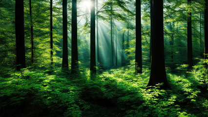 Fototapeta premium a lush green forest bathed in the soft light of the morning sun. Tall trees with thick foliage create a dense canopy overhead, casting dappled shadows on the forest floor.