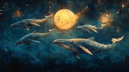 Fototapeta premium Whales Swimming Through the Night Sky