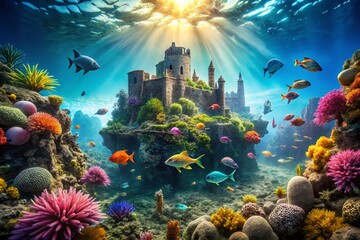 Obraz premium Enchanting Underwater Fortress Surrounded by Marine Life and Coral Reefs
