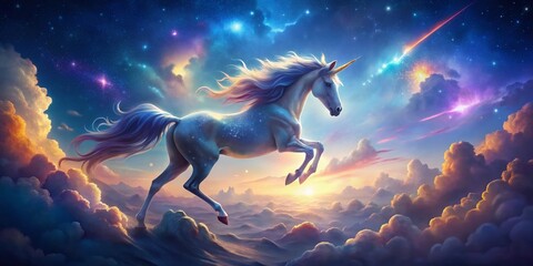 Obraz premium Enchanting Unicorn in a Starry Sky: Double Exposure Dreamscape