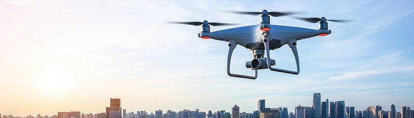 A drone flying over a city skyline during sunset, capturing aerial views.